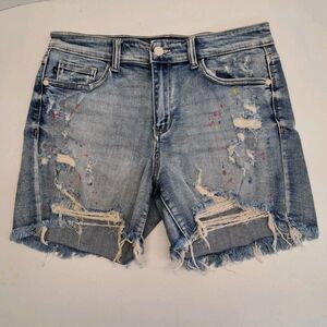 Judy Blue Women's Medium Mid Rise Rainbow Paint Splash Cutoff  Short
